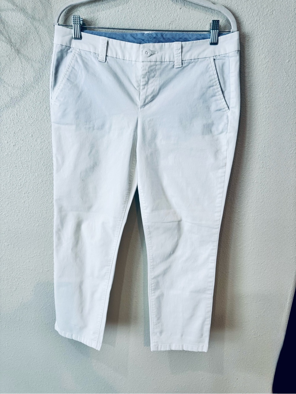 Stylus White Women's Chino Capris With Blue Striped Trim.